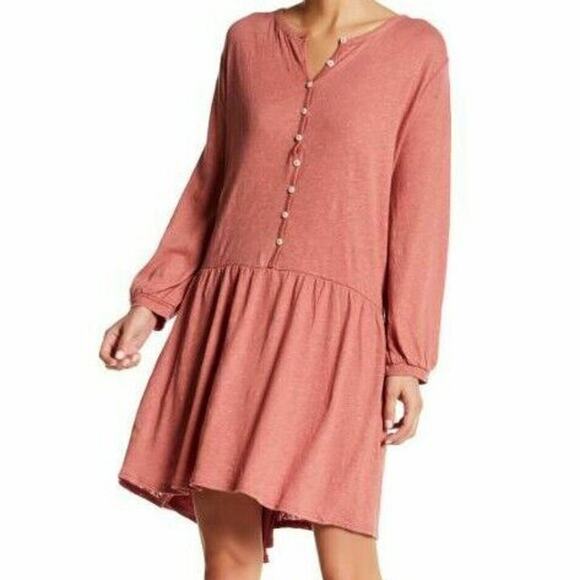 Free People Beach Mini Dress Tunic Dropwaist Linen Blend Pink Henley Small - Picture 1 of 9